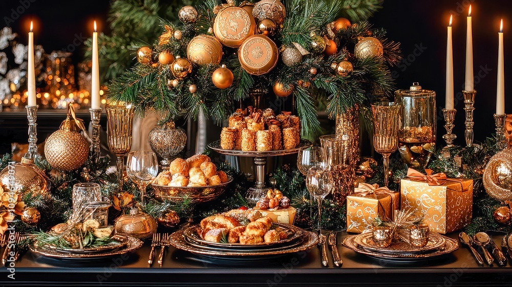 Christmas dinner table setting decorated with golden ornaments, candles, and festive treats Christmas dinner table setting decorated with golden ornaments, candles, and festive treats
