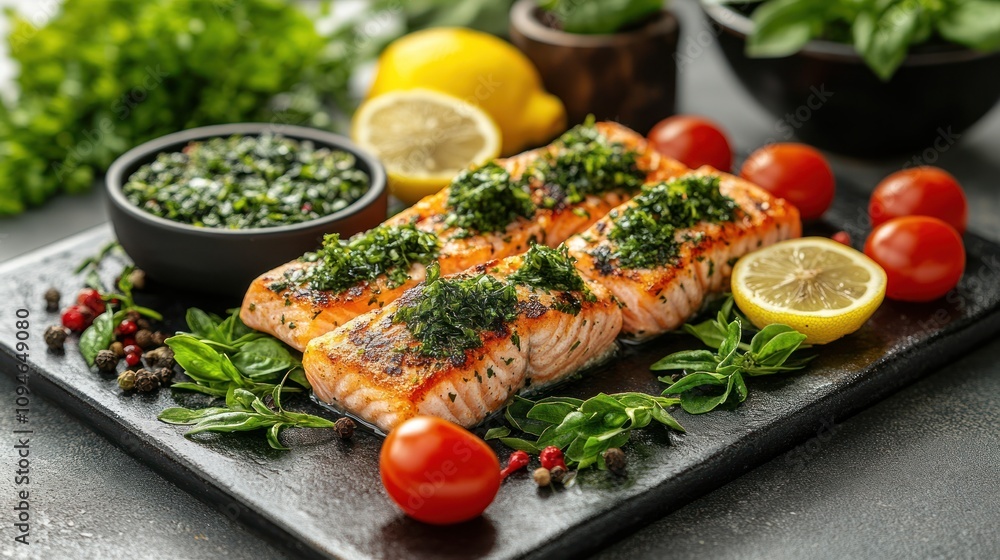 Grilled salmon fillets with herb sauce, lemon, and cherry tomatoes. Grilled salmon fillets with herb sauce, lemon, and cherry tomatoes.