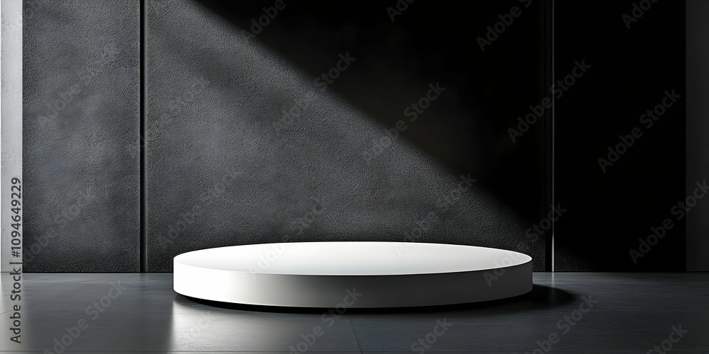 Minimalist 3D Render: White Cylindrical Platform in Dark Room with Sunlit Wall Minimalist 3D Render: White Cylindrical Platform in Dark Room with Sunlit Wall