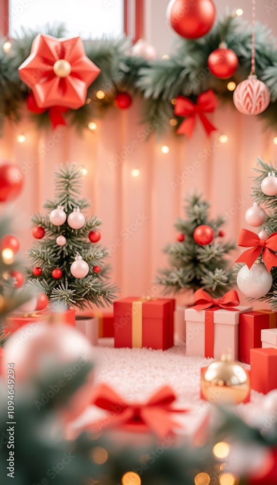 Festive Christmas setting with miniature trees, presents and ornaments. Festive Christmas setting with miniature trees, presents and ornaments.