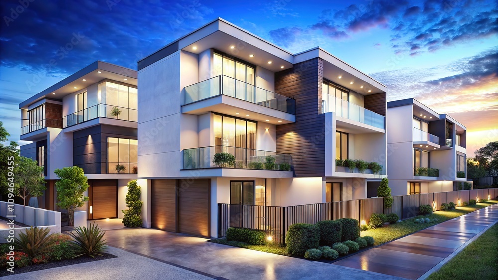 Fototapeta premium Sleek white modular townhouses offer contemporary architecture with spacious balconies, enriching residential living. These designs combine style and functionality for a modern urban lifestyle.