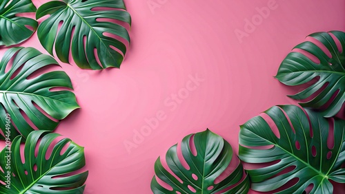 Soft pink banner featuring vivid Monstera leaves, offering generous space for your custom text. Ideal for any creative project or promotional needs.