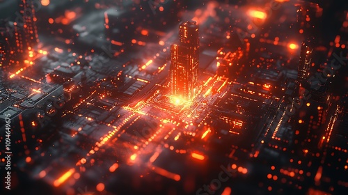 Technological digital network with futuristic glowing nodes and cyber elements