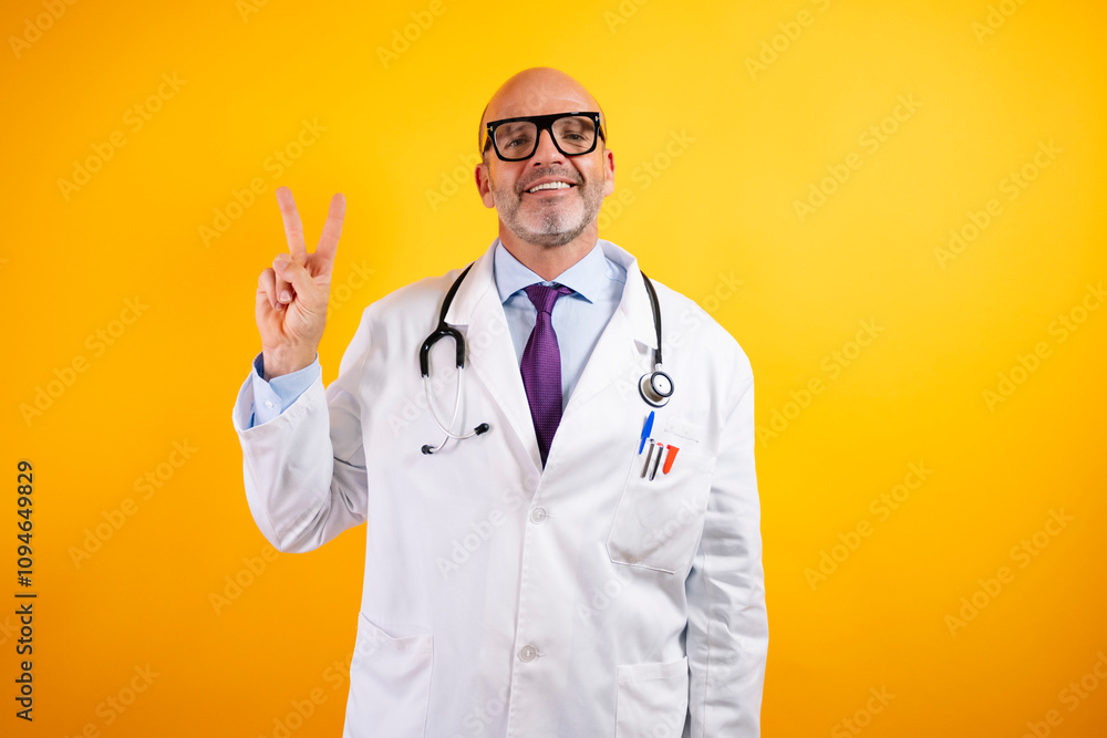 A doctor with his fingers in a V. A doctor with his fingers in a V.