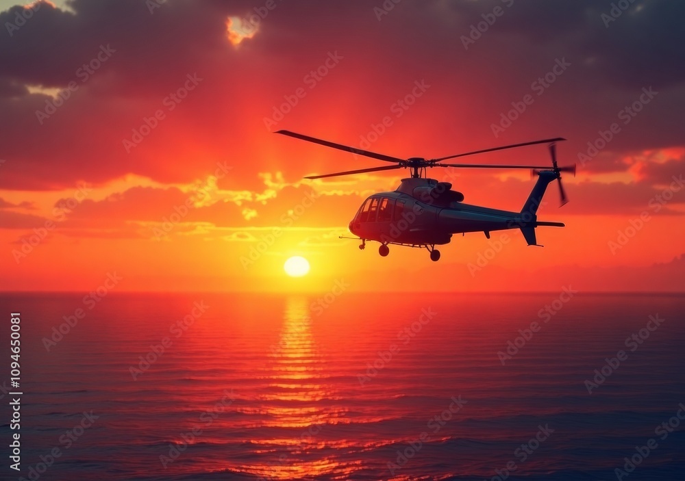 Helicopter flying over ocean at sunset with dramatic clouds and vibrant colors in the sky Helicopter flying over ocean at sunset with dramatic clouds and vibrant colors in the sky