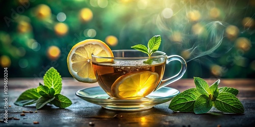 Refreshing Cup of Tea with Lemon Slice and Mint Leaves, Glimmering with Water Droplets on a Clear Glass, Perfect for a Summer Beverage or Relaxation Moment