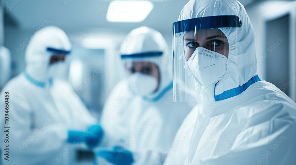 Healthcare staff in protective suits tend to patient in a modern hospital setting. Depict healthcare professionals in white protective suits attending to a patient in a brightly lit Healthcare staff in protective suits tend to patient in a modern hospital setting. Depict healthcare professionals in white protective suits attending to a patient in a brightly lit
