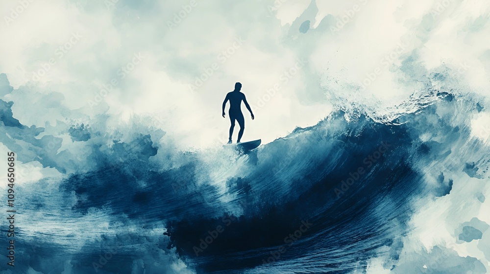 Silhouette of a surfer framed against a vast, breaking wave, watercolor details blending blues and whites, creating an impression of power and calm Silhouette of a surfer framed against a vast, breaking wave, watercolor details blending blues and whites, creating an impression of power and calm