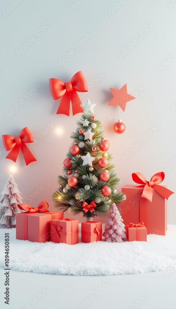 Small Christmas tree with red ornaments, presents, and star, snow, and white background. Small Christmas tree with red ornaments, presents, and star, snow, and white background.