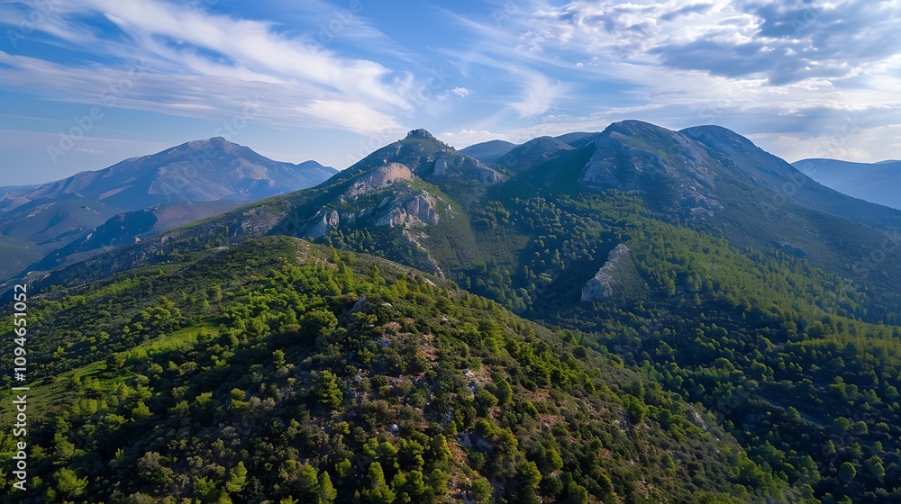 Fototapeta premium Aerial view of lush green mountains under a blue sky with wispy clouds, showcasing natural beauty and tranquility.