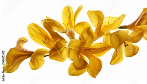 pringtime yellow petal flowers levitate in air, beautiful floral flying isolated on white photo