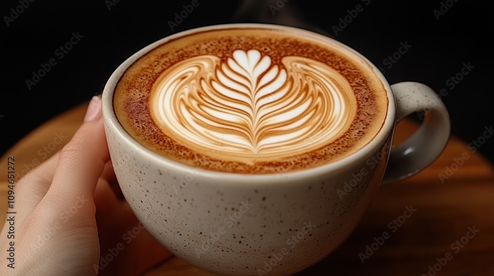 Hand holding a cup of latte art coffee. Hand holding a cup of latte art coffee.