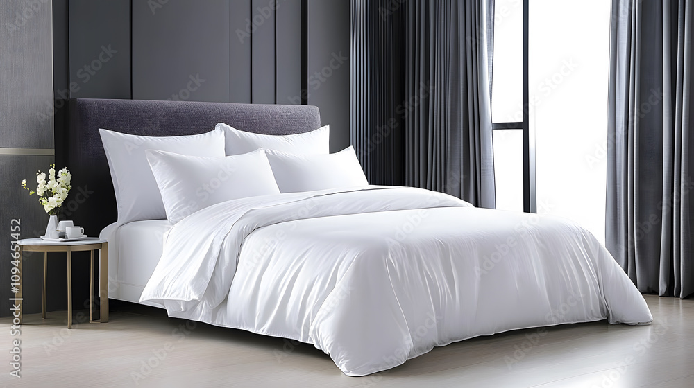 Obraz premium A serene bedroom featuring a neatly made white bed with plush pillows and sleek gray curtains, creating a calm and inviting atmosphere