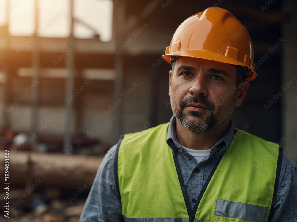 Construction Site Worker in Safety Equipment Construction Site Worker in Safety Equipment