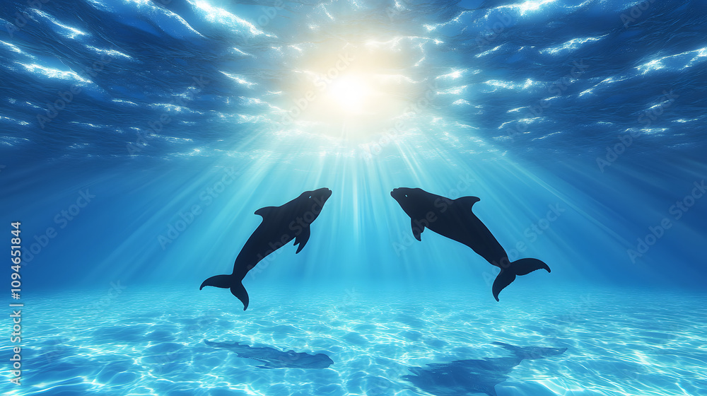 Fototapeta premium Two dolphins swim gracefully underwater, illuminated by sunlight filtering through the ocean's surface, creating a serene and vibrant underwater scene
