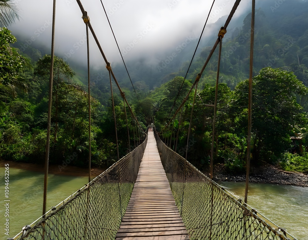 Obraz premium Swinging bridge over a tropical river surrounded by misty mountains and dense jungle
