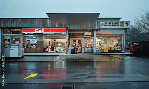 Gas station with pumps in a rainy setting.