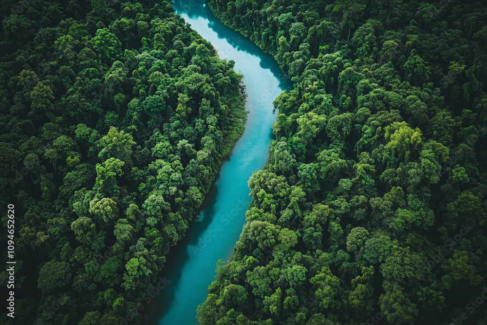 Tranquil river winding through a dense forest. Generative AI Tranquil river winding through a dense forest. Generative AI