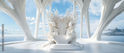 White throne in a futuristic, minimalist architectural space overlooking the ocean. photo