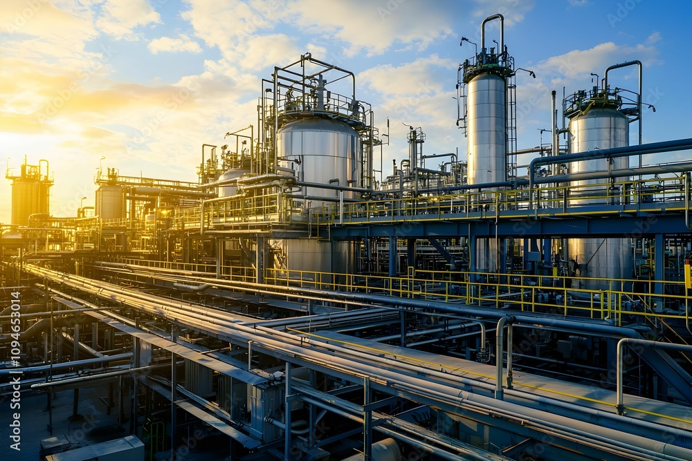 Fototapeta premium Industrial facility with pipelines under sunset illumination