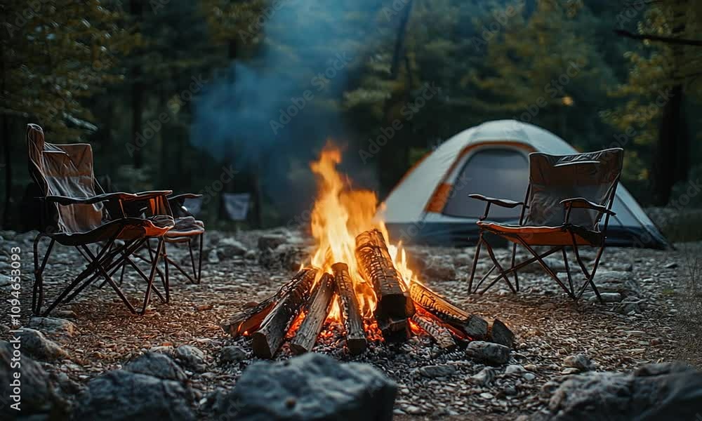 Campfire scene with chairs and tent in the background. Campfire scene with chairs and tent in the background.