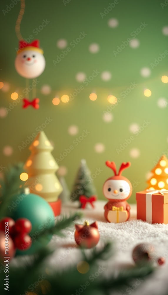 Festive Christmas scene with a snowman ornament, reindeer, and Christmas tree. Festive Christmas scene with a snowman ornament, reindeer, and Christmas tree.