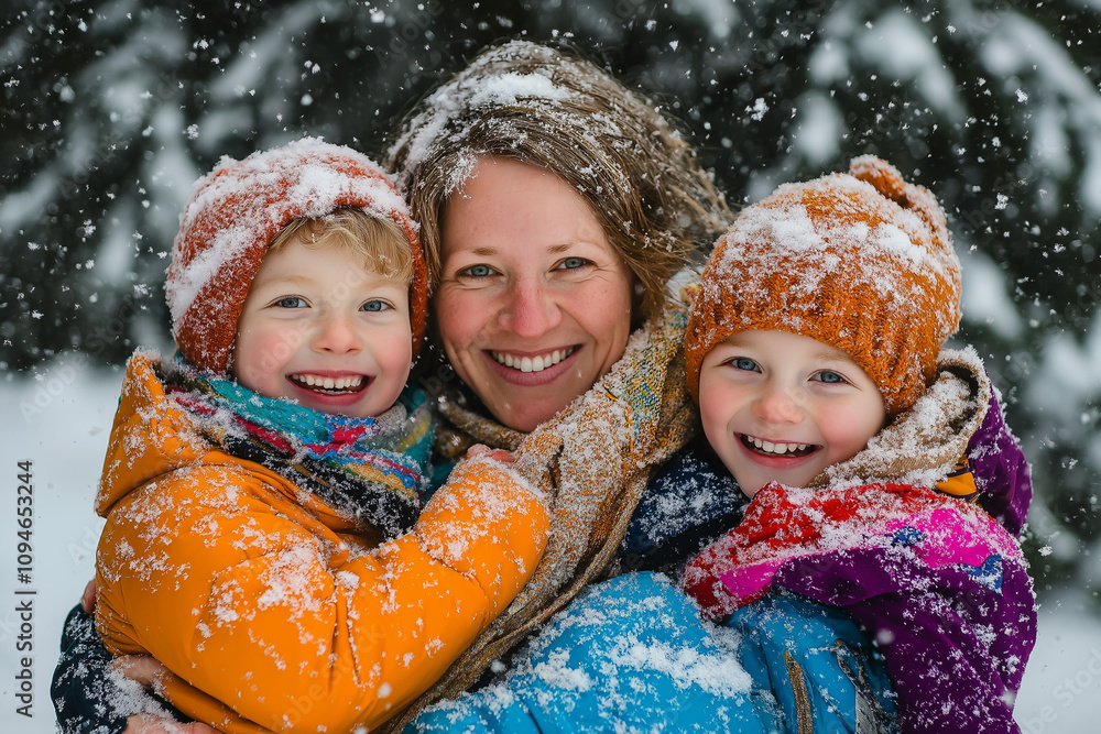 Happy family playing in the snow bundled up in colorful winter clothing Happy family playing in the snow bundled up in colorful winter clothing