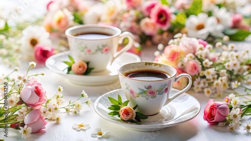 Serene Coffee and Delicate Flowers on a Beautiful White Background with Tilt-Shift Effect for a Refreshing Aesthetic Appeal in Horizontal Composition