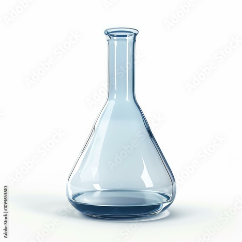 Empty erlenmeyer flask standing on white background, representing chemistry, experiment, and research