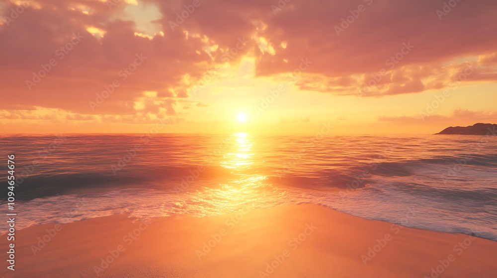 A stunning sunrise over the horizon, with golden rays illuminating the ocean and a peaceful sandy beach. A stunning sunrise over the horizon, with golden rays illuminating the ocean and a peaceful sandy beach.