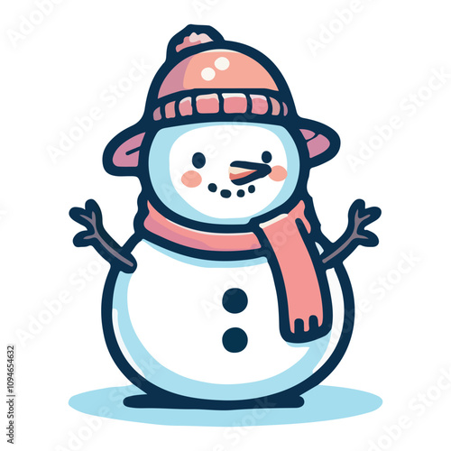 Snowman with hat and scarf, cartoon character. Merry Christmas and happy new year