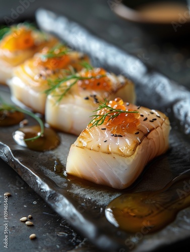 Traditional Japanese surf clam sashimi, Hokkigai sushi on ceramic plate, close up photo with dark background photo