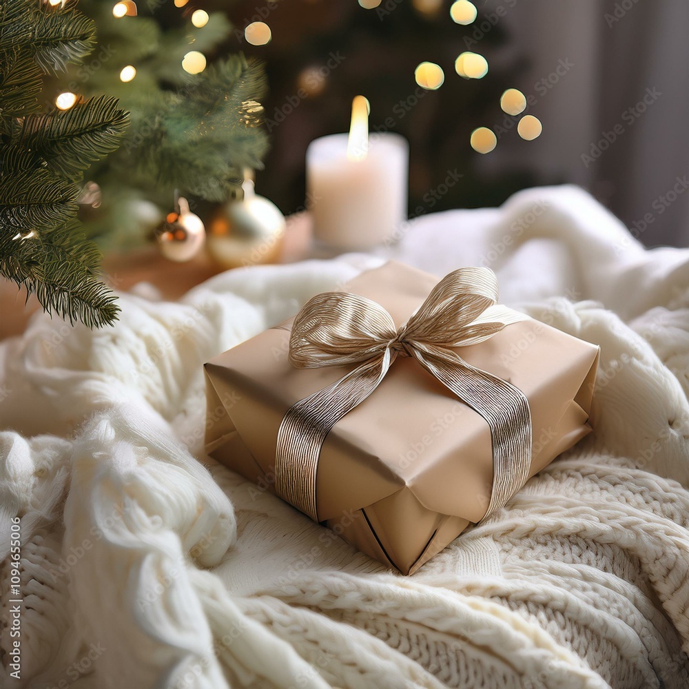 beautifully wrapped gift resting on a cozy white blanket near a decorated Christmas tree beautifully wrapped gift resting on a cozy white blanket near a decorated Christmas tree