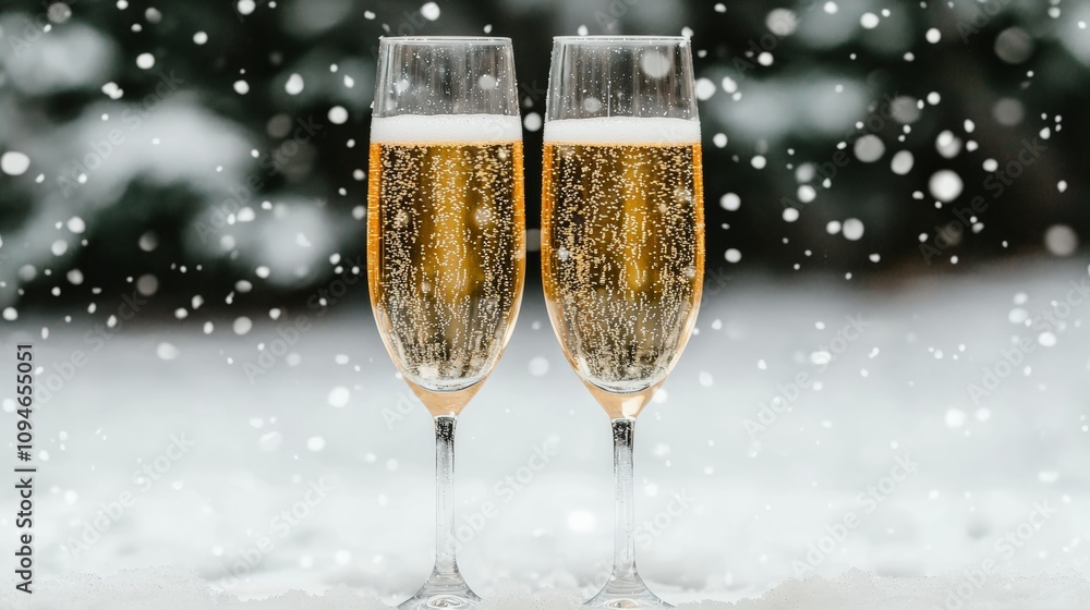 Two champagne flutes celebrating new year's eve in snowy landscape Two champagne flutes celebrating new year's eve in snowy landscape