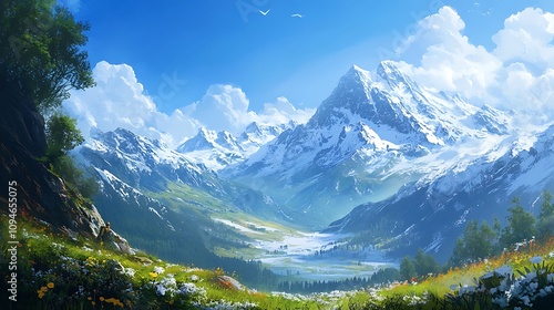 Wallpaper Mural A stunning view of snow-capped peaks under a crystal-clear sky, with a peaceful valley blanketed in white below.  Torontodigital.ca