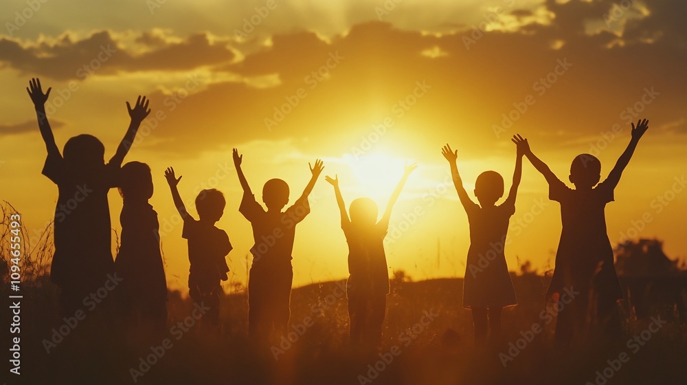 Silhouettes of children with arms raised against a sunset. Silhouettes of children with arms raised against a sunset.