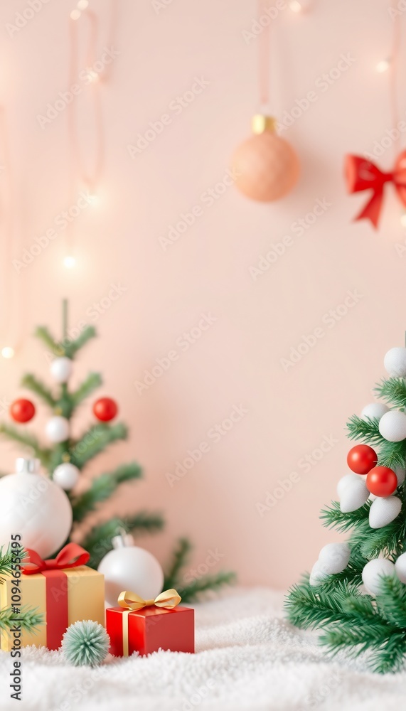 Two Christmas trees with ornaments, gifts, and a white fluffy blanket in front of a light pink background. Two Christmas trees with ornaments, gifts, and a white fluffy blanket in front of a light pink background.
