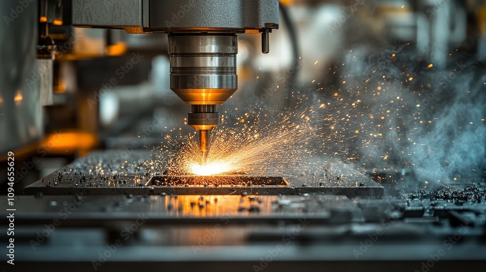 Industrial Metal Cutting Machine with Sparks and Smoke Industrial Metal Cutting Machine with Sparks and Smoke