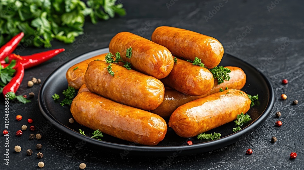 A collection of juicy sausages is beautifully arranged on a black plate, enhanced by fresh herbs and colorful spices in a dark backdrop A collection of juicy sausages is beautifully arranged on a black plate, enhanced by fresh herbs and colorful spices in a dark backdrop