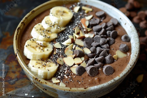 Delicious chocolate smoothie bowl. Perfect for a healthy and decadent breakfast or snack. photo