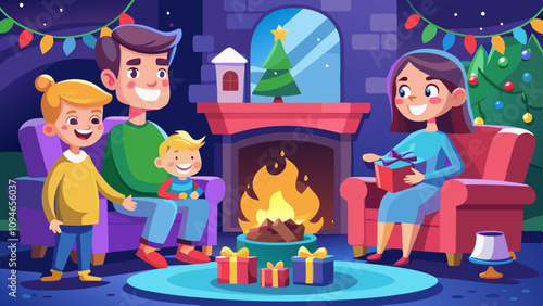 Family enjoying cozy hearthside moments with crackling fire and warm festive ambiance in living room. Joyful faces, stockings hung with care, and glowing fireplace create cherished evening memories.
