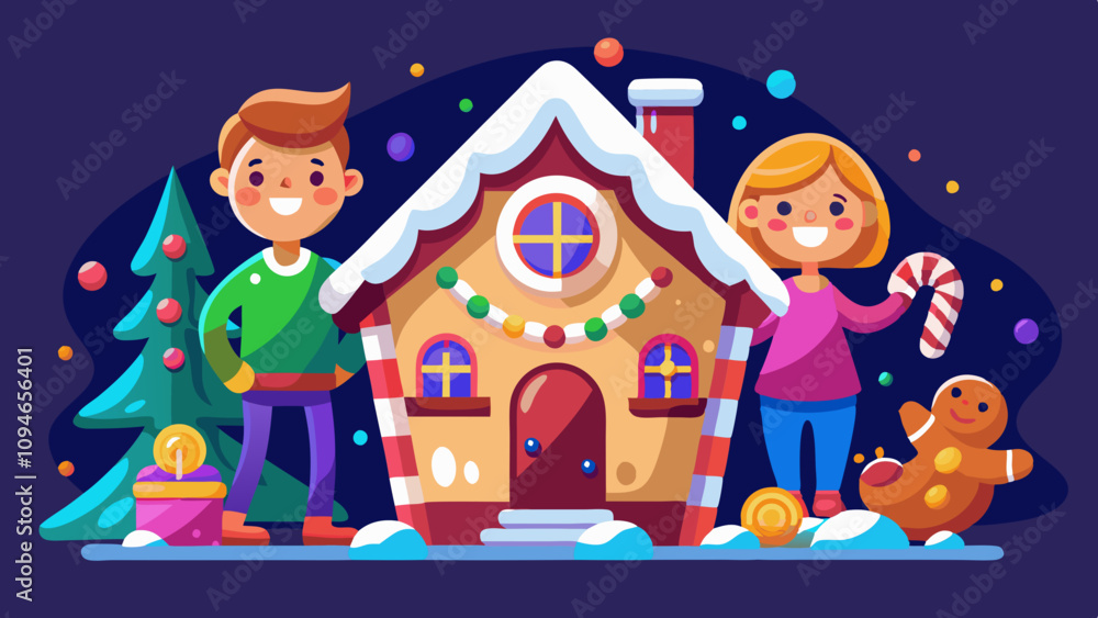 Naklejka premium Sweet cake house creation with colorful decorations, family building and adorning delightful candy home, joyful baking activity