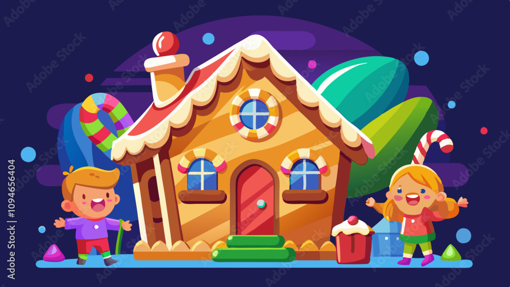 Naklejka premium Sweet cake house creation with colorful decorations, family building and adorning delightful candy home, joyful baking activity