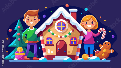 Sweet cake house creation with colorful decorations, family building and adorning delightful candy home, joyful baking activity