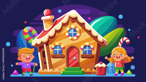 Sweet cake house creation with colorful decorations, family building and adorning delightful candy home, joyful baking activity