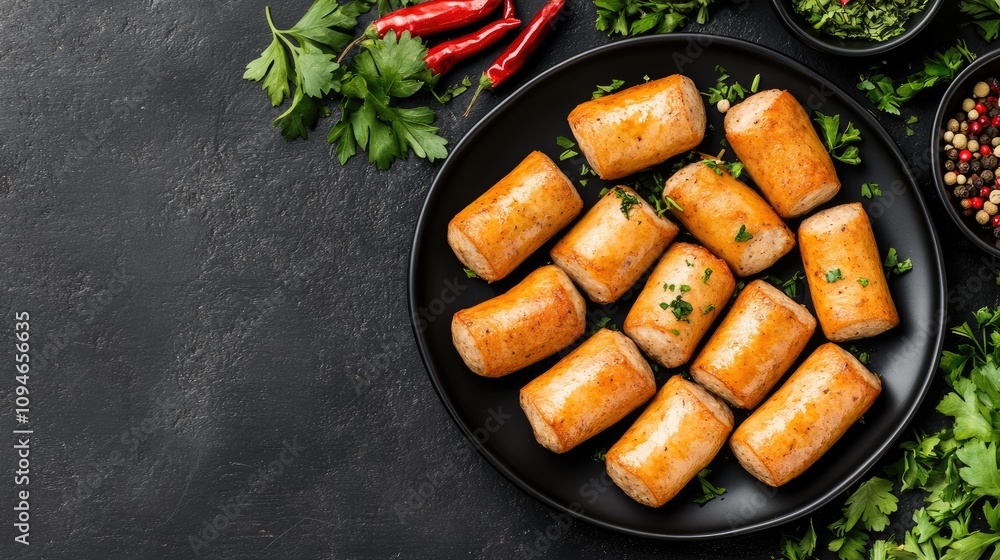 A collection of juicy sausages is beautifully arranged on a black plate, enhanced by fresh herbs and colorful spices in a dark backdrop A collection of juicy sausages is beautifully arranged on a black plate, enhanced by fresh herbs and colorful spices in a dark backdrop