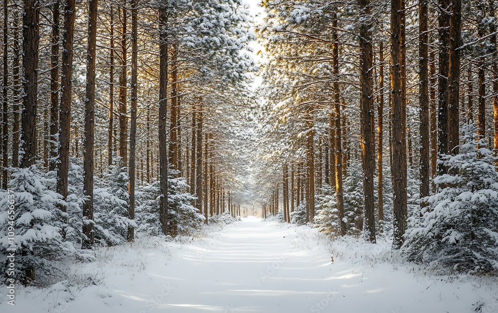 Sunlit path through snow-covered pine forest. Sunlit path through snow-covered pine forest.