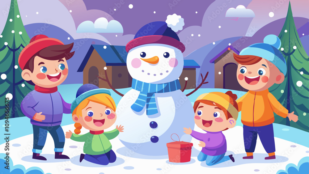 Children with cheerful faces building a snowman in the snow, enjoying a winter day outdoors. Happy kids playing in snow, making a snowman together, winter fun scene Children with cheerful faces building a snowman in the snow, enjoying a winter day outdoors. Happy kids playing in snow, making a snowman together, winter fun scene