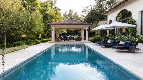 Wallpaper Mural Modern luxury outdoor space featuring a sparkling blue swimming pool, elegant lounge chairs, and a cozy shaded pavilion surrounded by lush greenery Torontodigital.ca