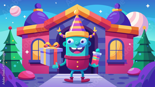 Funny colorful monster bringing presents and joy to a beautifully decorated home. Joyful creature arriving at warm festive house with gifts and decorations
